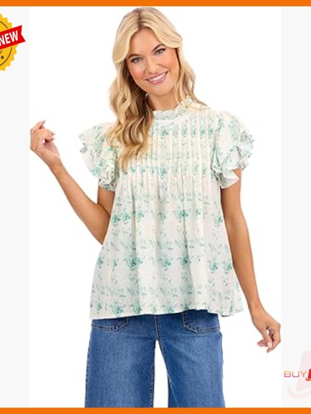 Flutter Sleeve Cotton Top, Pleated Bodice, Swing Hem, Size Small